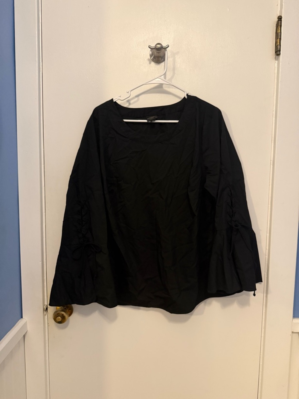 Worthington Black Bell Sleeve Blouse with lace up Details NWOT Whimsygoth Witch